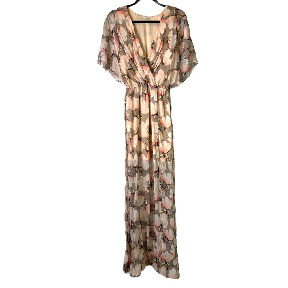 Lavender Brown Flutter Sleeve Floral Maxi Dress